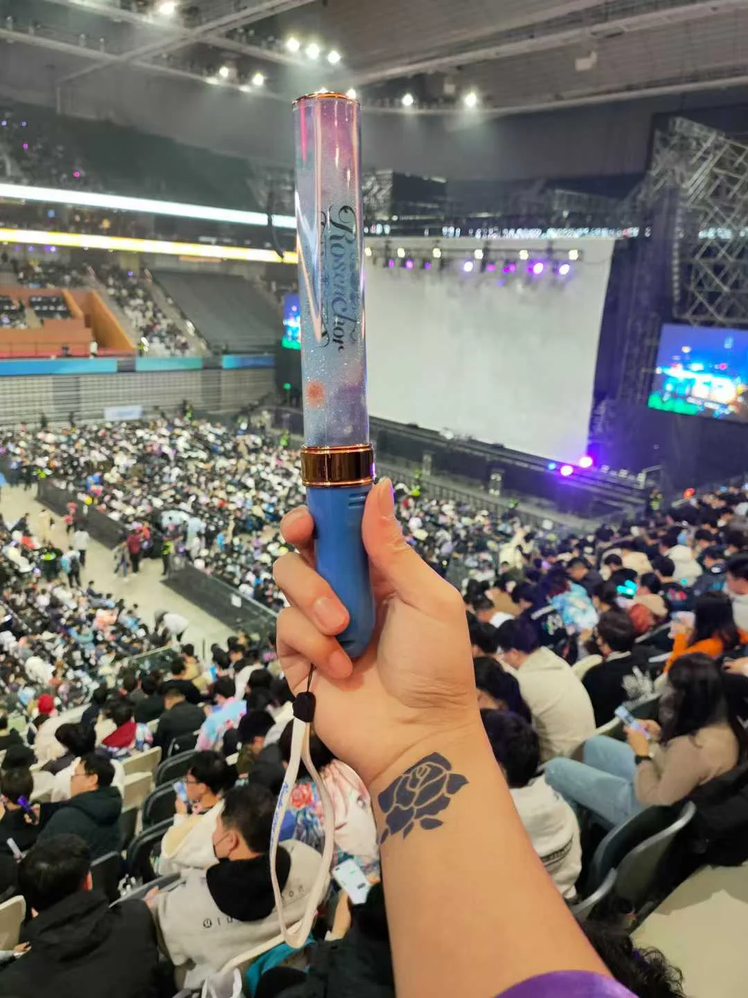 在看台举起 Roselia 手灯，手腕上印着蓝色玫瑰